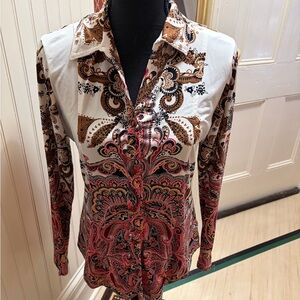 JM Collection White Paisley Blouse with Brown & Black Accents